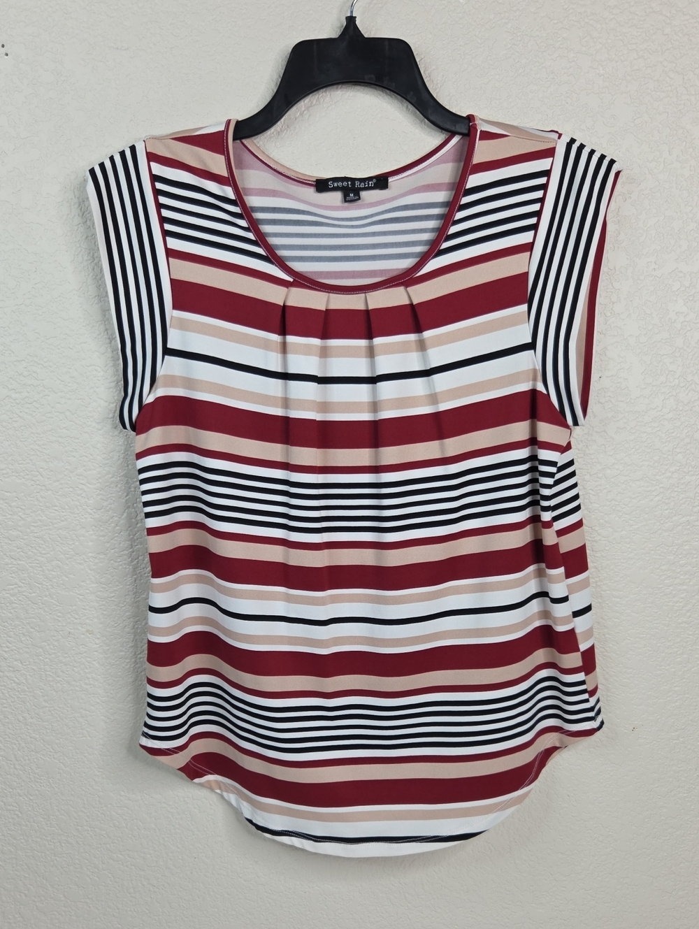 Sweet Rain Striped Short-Sleeve Scoop Neck Top in Red, Cream & Black